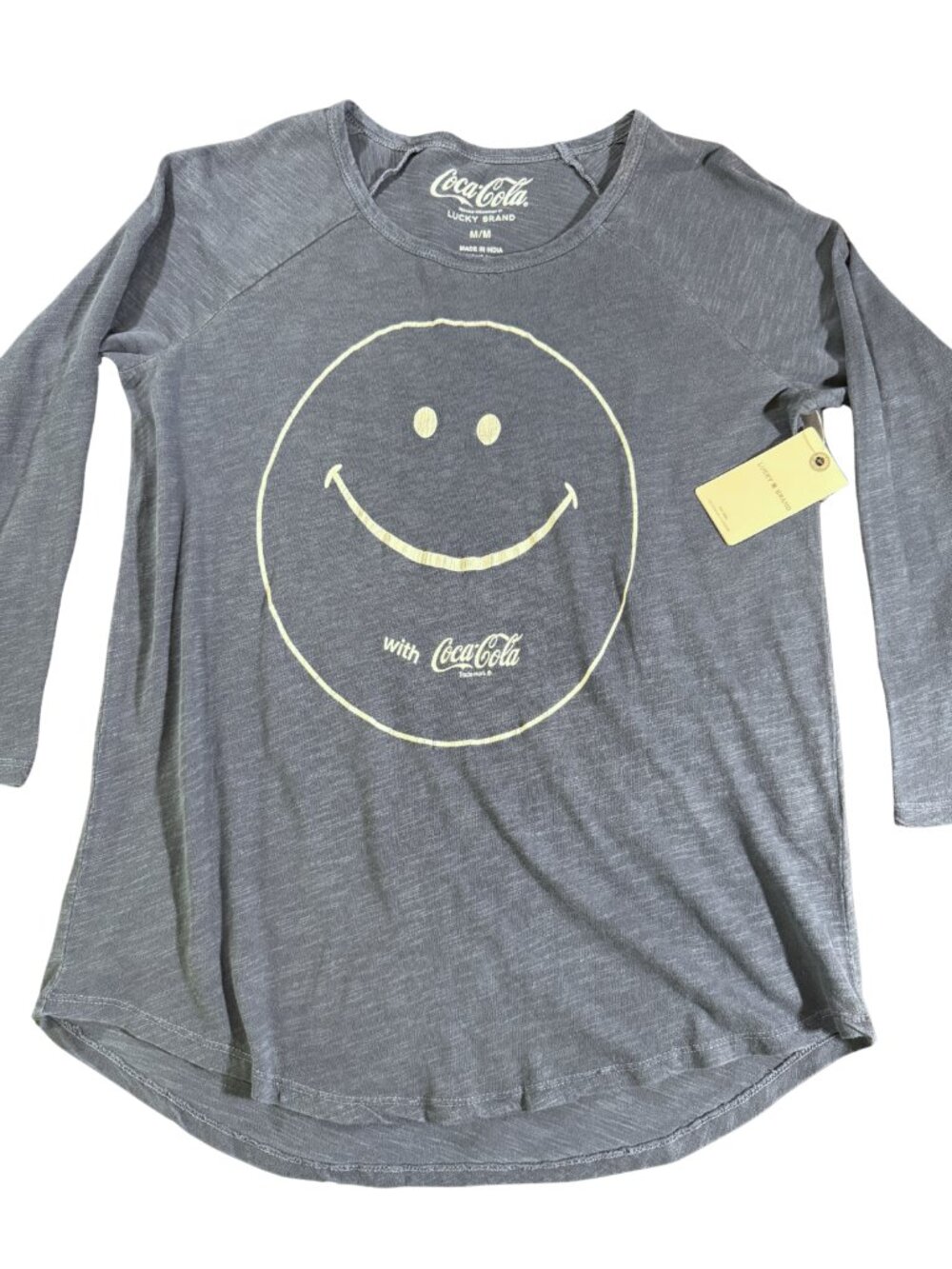 Lucky Brand x Coca Cola Womens M Smiley Face Graphic Tee Long Sleeve Blue NWT
